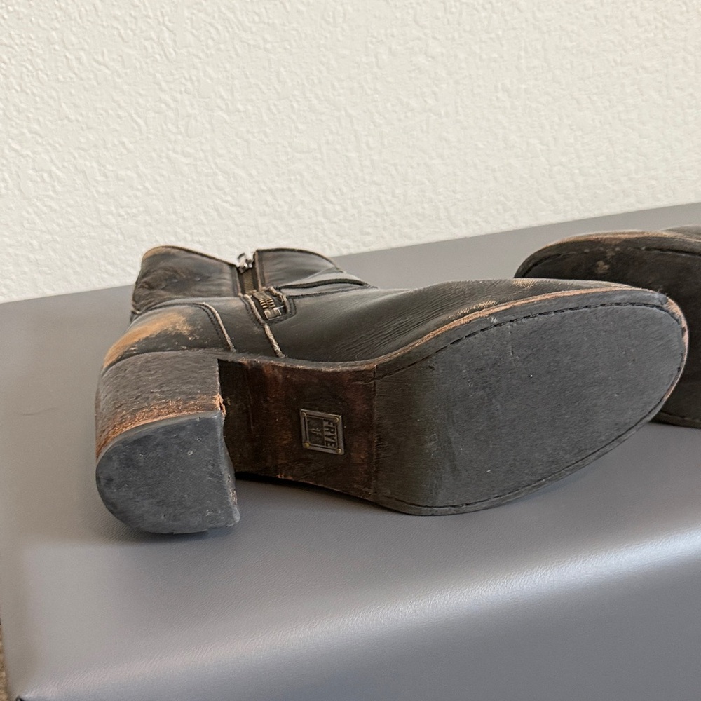 Frye Distressed Black Leather Mid Calf Boots with Buckle Detail - Picture 4 of 16